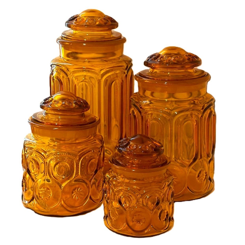 LE Smith Canister Set 4pc Amber Moon and Star Vintage Glass